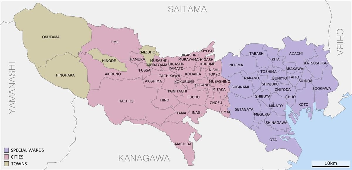 la carte de Tokyo préfectures